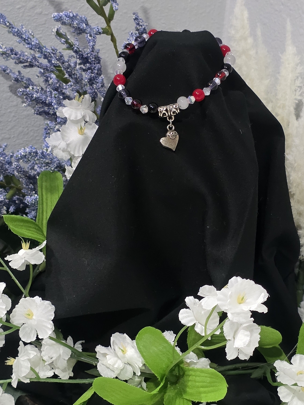 Hand Crafted Red & Black Beaded Bracelet with Heart Charm